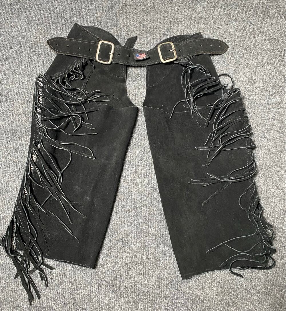 Whitman Black Leather Suede Western Chaps w/ Fringe and Double Belt-Kids